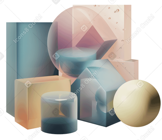 3D Абстрактная композиция с цветными предметами в PNG, SVG