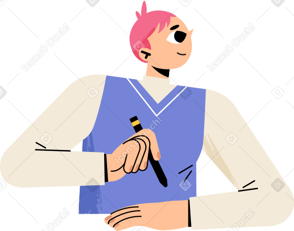 young man holds a pen and looks up Illustration in PNG, SVG