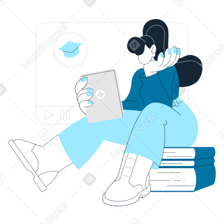 Woman sitting on a book pile and studying online PNG, SVG