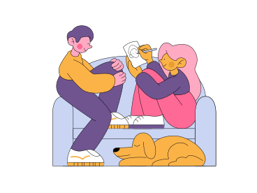 Man and woman with dog relaxing on sofa PNG, SVG