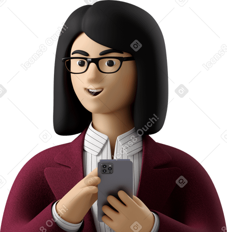 3D close up of businesswoman in red suit with phone looking aside PNG、SVG