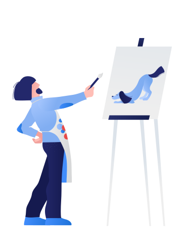 Male artist painting a picture of a dog on canvas PNG, SVG