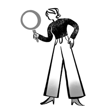 Donna in bianco e nero che esamina la lente d'ingrandimento PNG, SVG