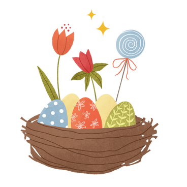 easter eggs in a nest with flowers and lollipop PNG, SVG