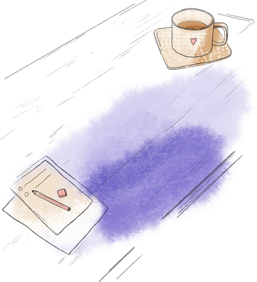 Table with papers and a mug of coffee в PNG, SVG