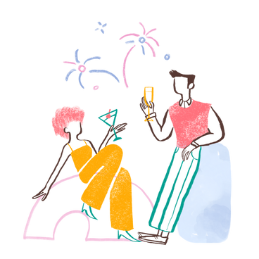 Donna e uomo che festeggiano con bevande e fuochi d'artificio PNG, SVG