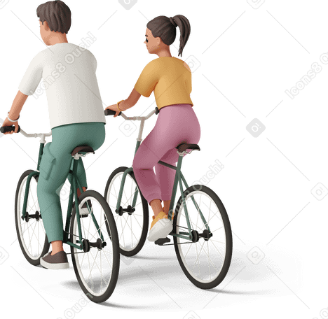 3D three-quarter back view of young couple riding bicycles PNG, SVG