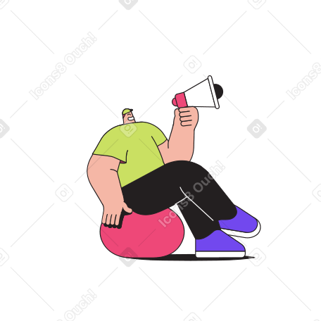Illustration animée Promoteur de l'homme assis sur un ballon d'exercice et criant dans un mégaphone aux formats GIF, Lottie (JSON) et AE