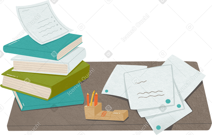 gray desk with books and papers and stationery PNG, SVG