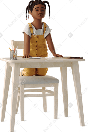 3D little girl rejoices sitting at the table PNG, SVG