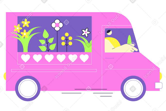 Man driving a delivery van with flowers в PNG, SVG