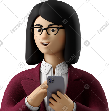 Close up of businesswoman in red suit with phone looking aside PNG, SVG