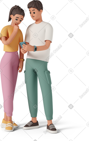 3D 年轻人向女人展示手机屏幕 PNG, SVG