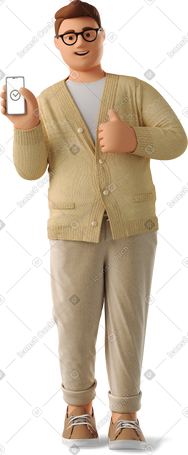 3D smiling man with phone showing thumbs up PNG, SVG