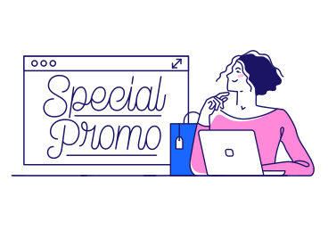 Schriftzug „special promo“ mit frau und browser PNG, SVG