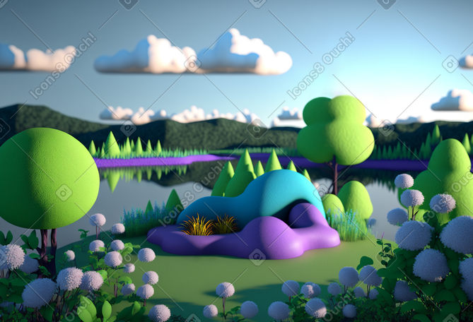 3d奇幻湖背景 PNG, SVG