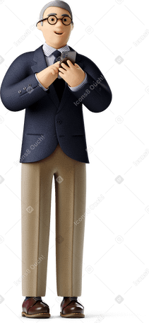 3D businessman in glasses with phone looking aside PNG, SVG