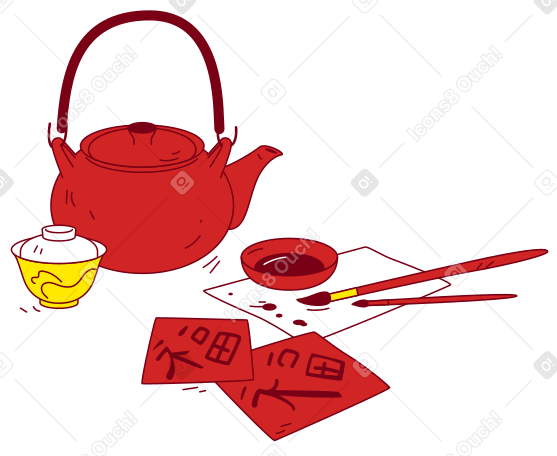 Teiera cinese e pennelli per calligrafia PNG, SVG