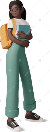 3D black girl with backpack on the shoulder holding tablet PNG, SVG