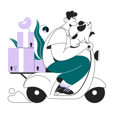 Illustrazione animata Uomo e cane che consegnano pacchi su un ciclomotore in GIF, Lottie (JSON), AE