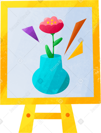 easel with canvas depicting a vase with a flower Illustration in PNG, SVG