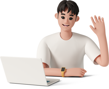 smiling man with laptop waving hand PNG, SVG