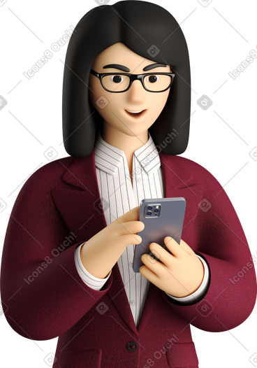 Businesswoman in red suit looking at phone PNG, SVG