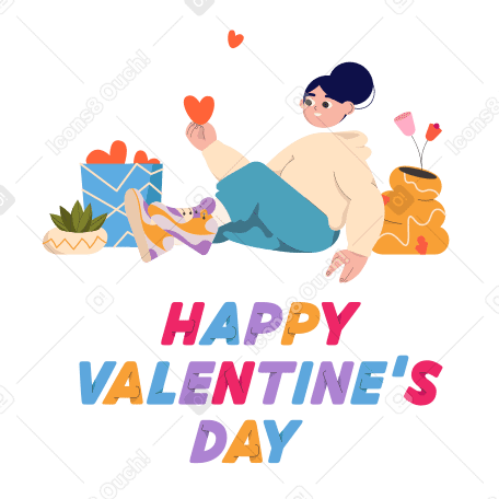 Happy Valentine's Day text under the girl opening a gift with hearts PNG, SVG