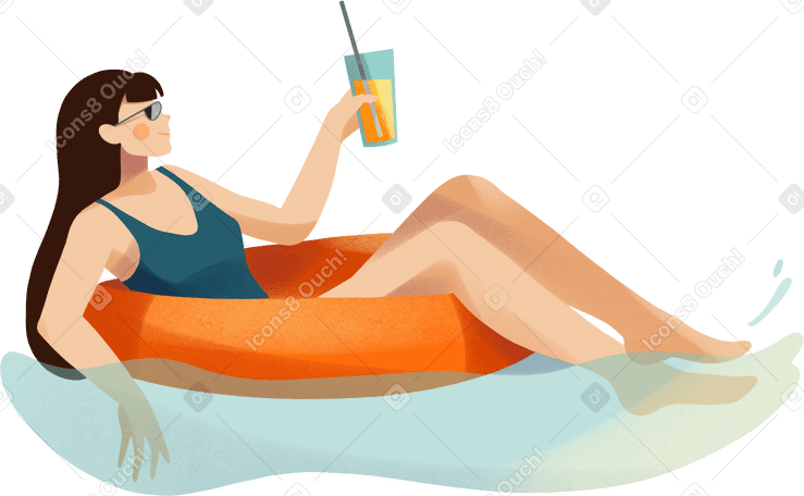 young woman chilling in the sea water on inflatable ring PNG、SVG