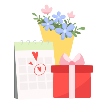 Calendario y regalo con un ramo de flores. PNG, SVG