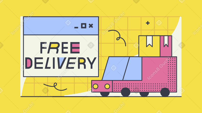 Lettering Free Delivery with car and browser Illustration in PNG, SVG