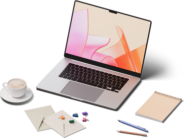 Vista isométrica de computadora portátil, taza de café, cuadernos y cartas PNG, SVG
