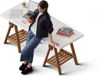 isometric view of young woman leaning on table PNG, SVG