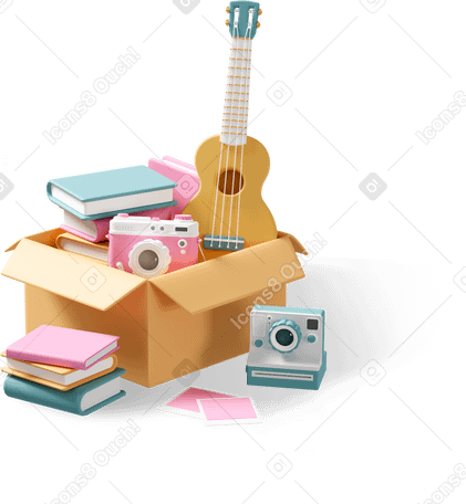 3D moving box with cameras, guitar and books Illustration in PNG, SVG