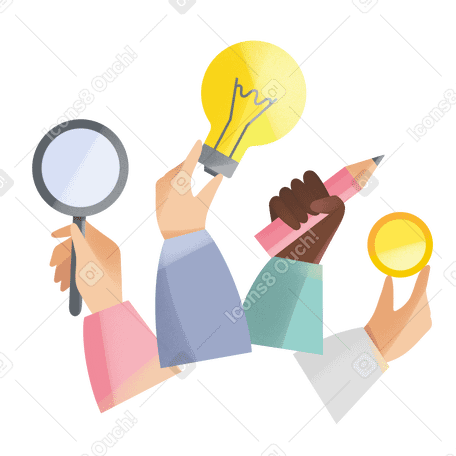 Hands holding light bulb, magnifying glass, pencil and coin Illustration in PNG, SVG