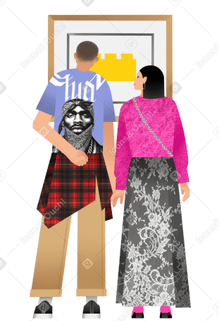 Молодой мужчина и женщина в музее современного искусства в PNG, SVG