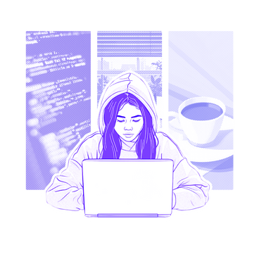 Mujer joven trabajando en casa, codificando PNG, SVG