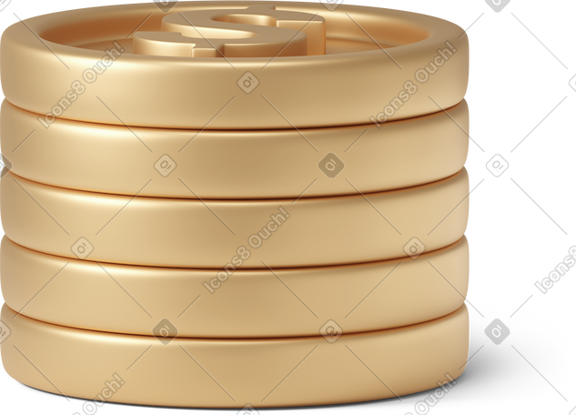 3D pile of five golden dollar coins PNG, SVG