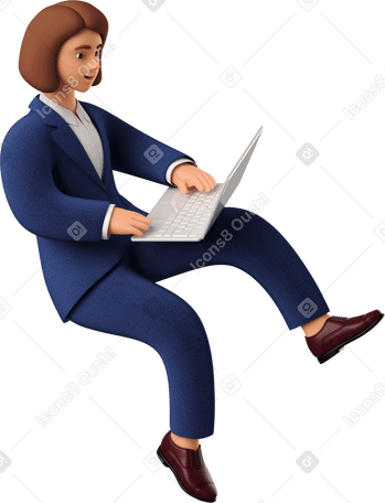 3D seated businesswoman in blue suit with laptop Illustration in PNG, SVG