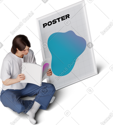 Isometric view of young woman sitting near the poster and reading book PNG, SVG