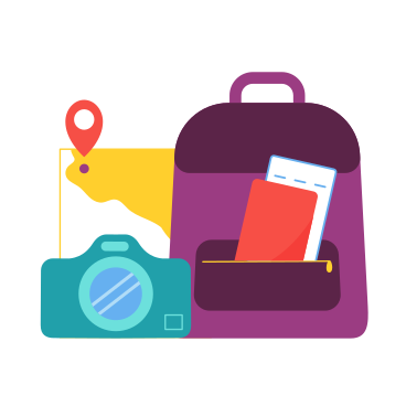 Backpack, camera and map for travel animated illustration in GIF, Lottie (JSON), AE