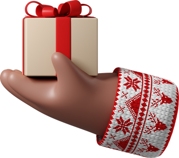Brown skin hand in white sweater with Christmas pattern holding gift box PNG, SVG