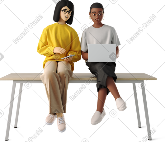 3D young women sitting with laptop on the table PNG, SVG