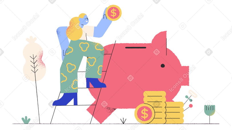Woman with coin near piggy bank  Illustration in PNG, SVG