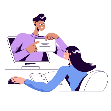 Woman takes online training from a man in a computer PNG, SVG