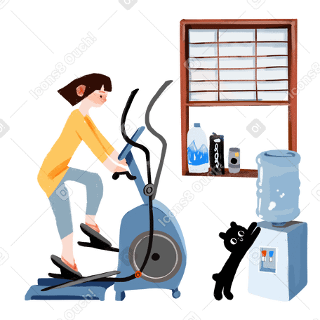 girl goes in for sports at home on the elliptical trainer Illustration in PNG, SVG