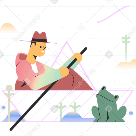 Man in paper boat meets a frog PNG, SVG