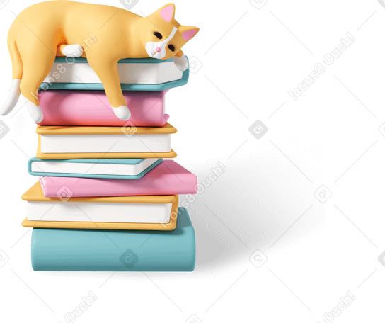 3D Кошка лежит на книгах в PNG, SVG