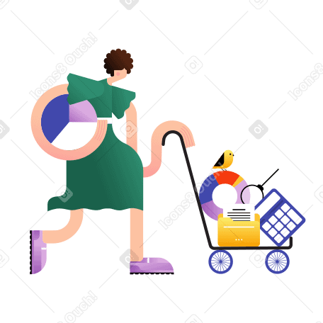 Chica con carrito de compras con gráficos y gráficos. PNG, SVG