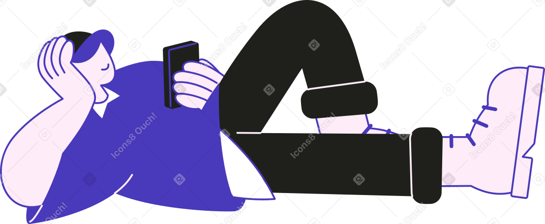 man with beanie lying and holding his smartphone PNG, SVG
